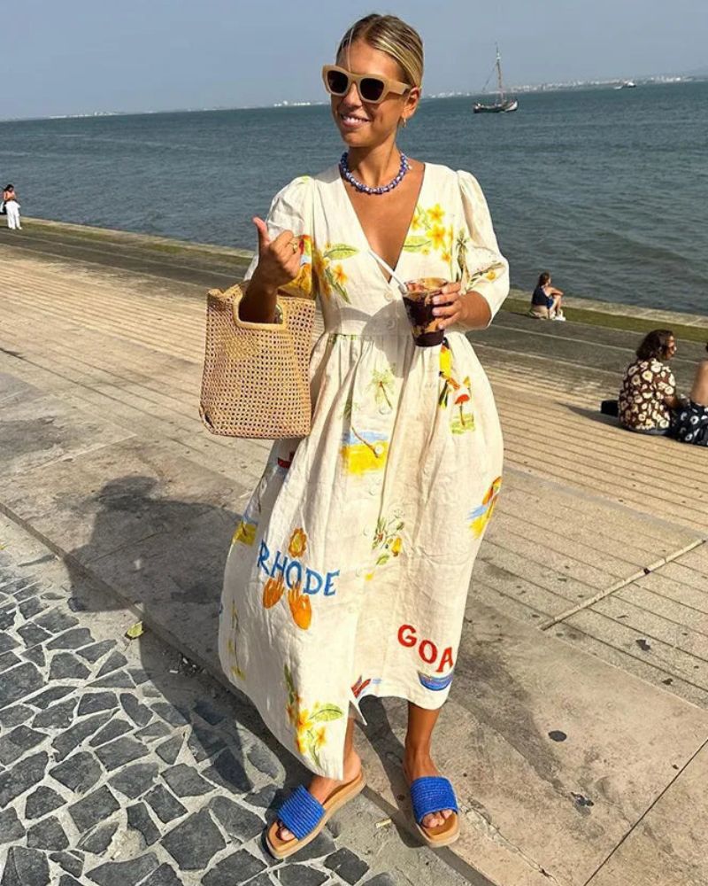 Dagna – Lniana sukienka z kolorowym nadrukiem