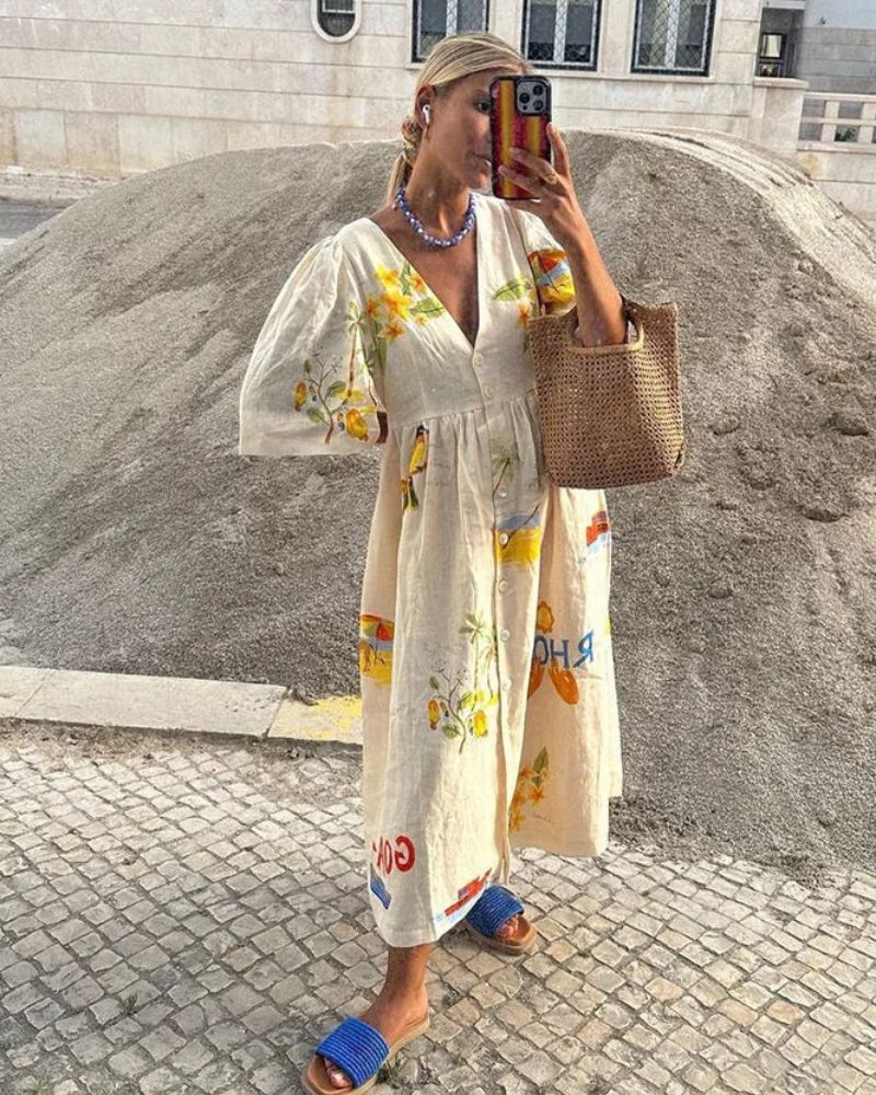 Dagna – Lniana sukienka z kolorowym nadrukiem