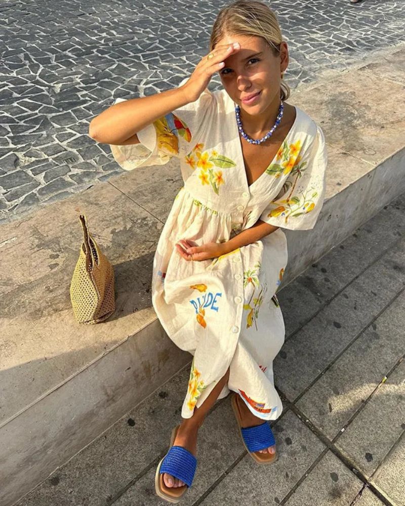 Dagna – Lniana sukienka z kolorowym nadrukiem