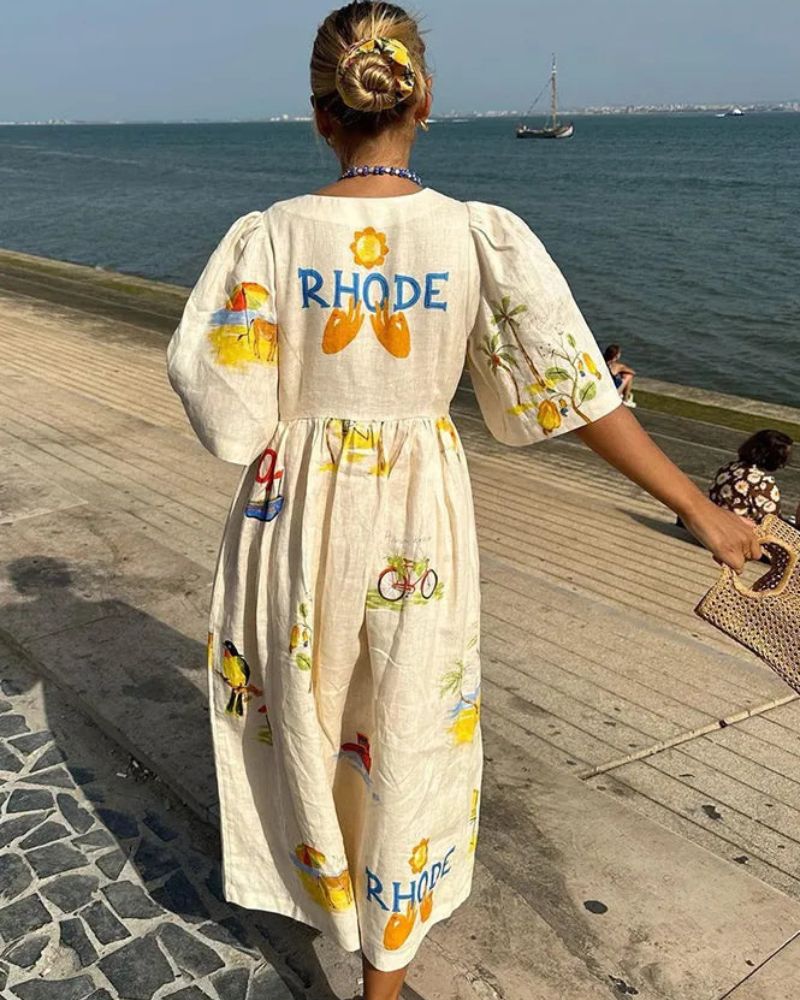 Dagna – Lniana sukienka z kolorowym nadrukiem