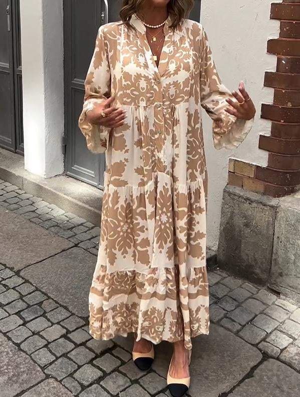 Zdzisława – Sukienka maxi z dekoltem w serek i rękawami 3/4