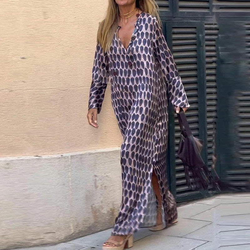 Zenobia – Elegancka sukienka z brązowym nadrukiem