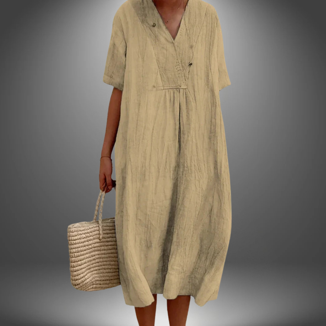 Marzanna – Sukienka z bawełny i lnu z dekoltem w szpiku