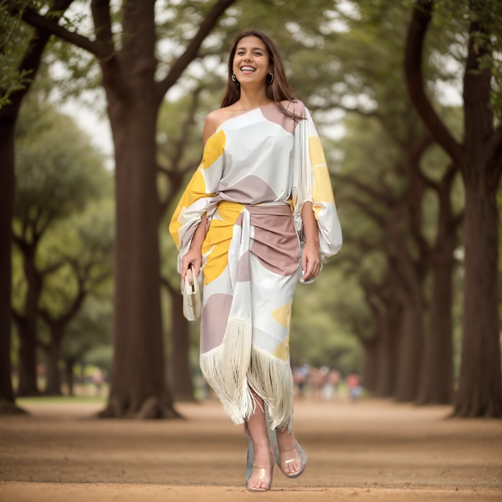 Talia™ | Satynowa sukienka z falbanami" can be rewritten as: "Talia™ | Satynowa sukienka z falbanami i eleganckim wykończeniem