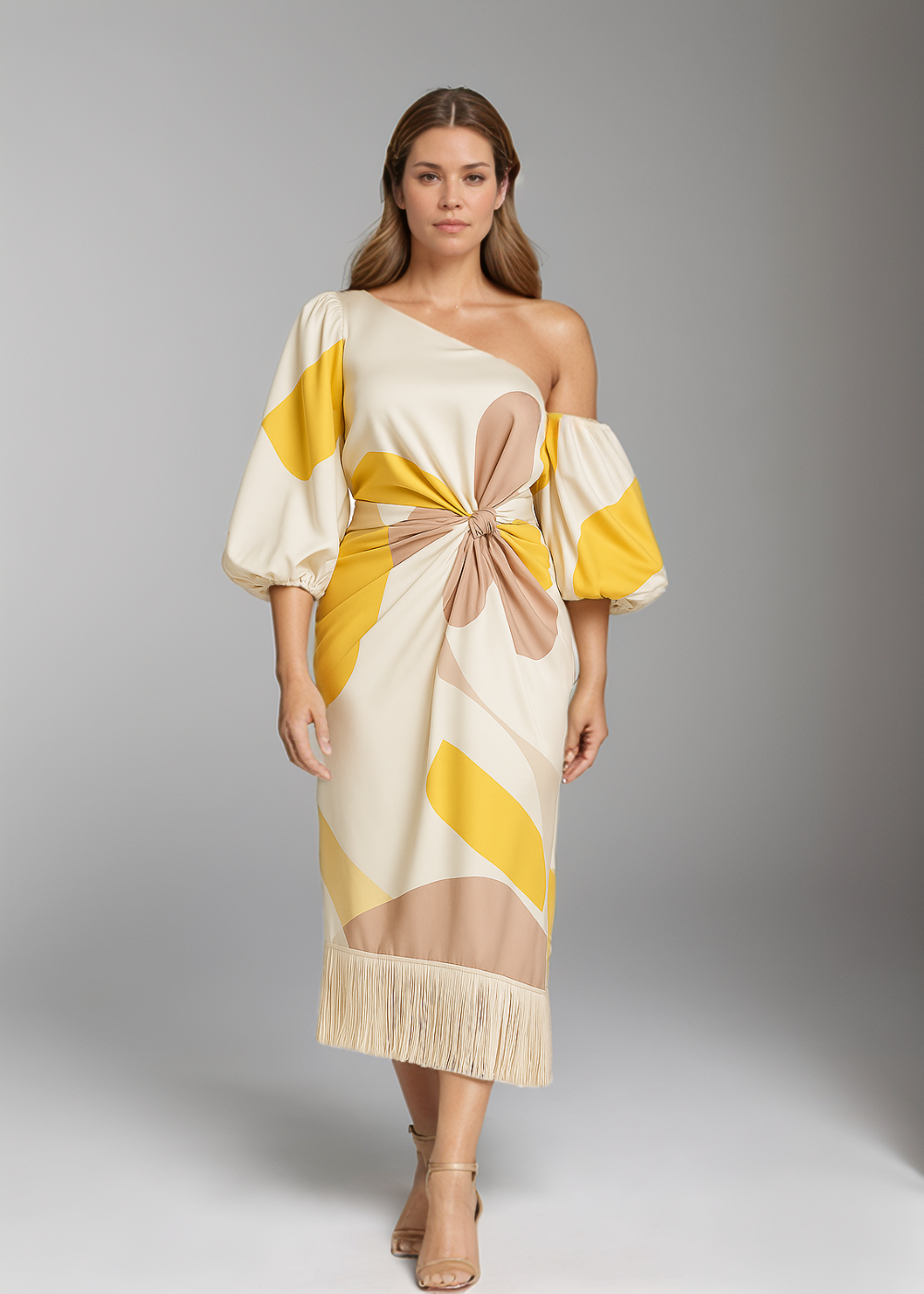 Talia™ | Satynowa sukienka z falbanami" can be rewritten as: "Talia™ | Satynowa sukienka z falbanami i eleganckim wykończeniem