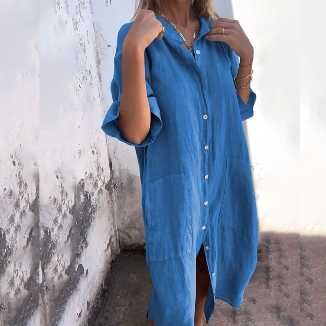 Monika | Sukienka koszulowa luźny krój, Zwijany kołnierz, Kieszenie | Letni styl | Swobodna sylwetka