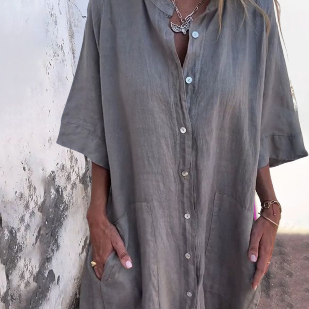 Monika | Sukienka koszulowa luźny krój, Zwijany kołnierz, Kieszenie | Letni styl | Swobodna sylwetka