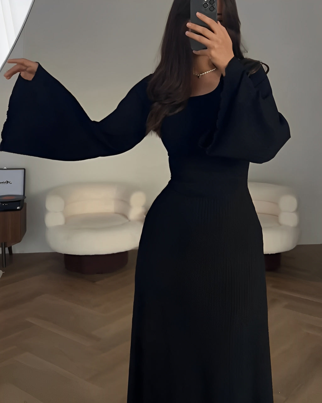 Nora™ | Maxi Sukienka z Żakardu z Rękawami