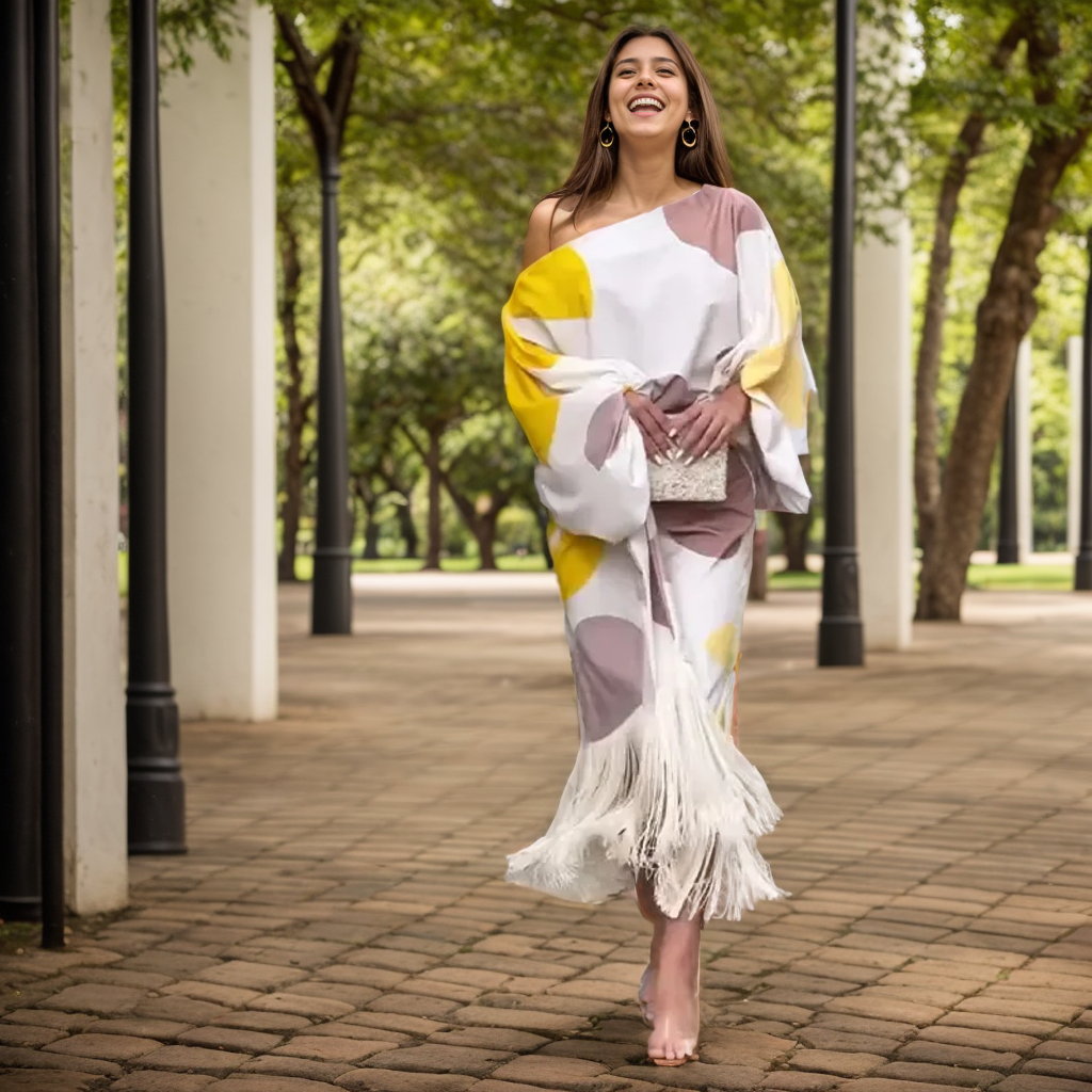 Talia™ | Satynowa sukienka z falbanami" can be rewritten as: "Talia™ | Satynowa sukienka z falbanami i eleganckim wykończeniem