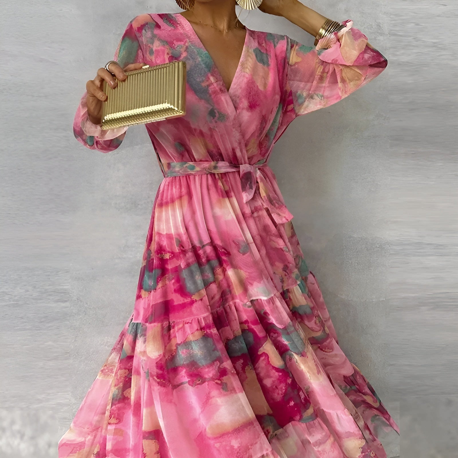 Lirea™ | Maxi Sukienka z Szyfonu w Akwarelowy Wzór