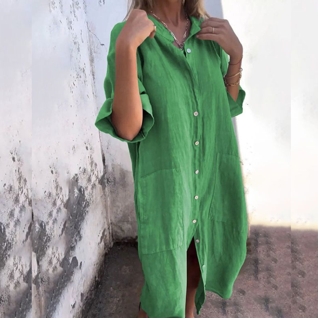 Monika | Sukienka koszulowa luźny krój, Zwijany kołnierz, Kieszenie | Letni styl | Swobodna sylwetka