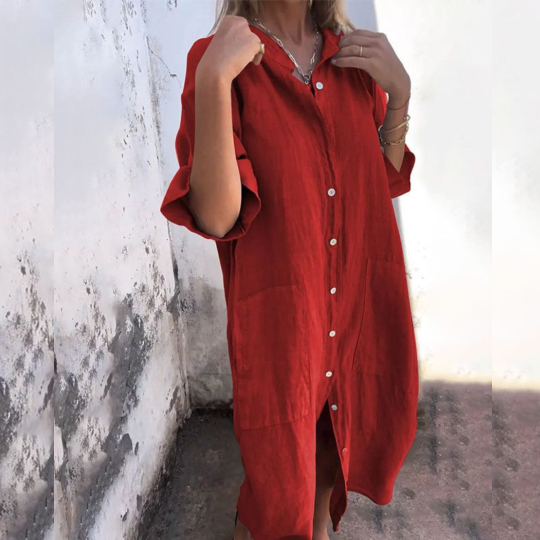 Monika | Sukienka koszulowa luźny krój, Zwijany kołnierz, Kieszenie | Letni styl | Swobodna sylwetka