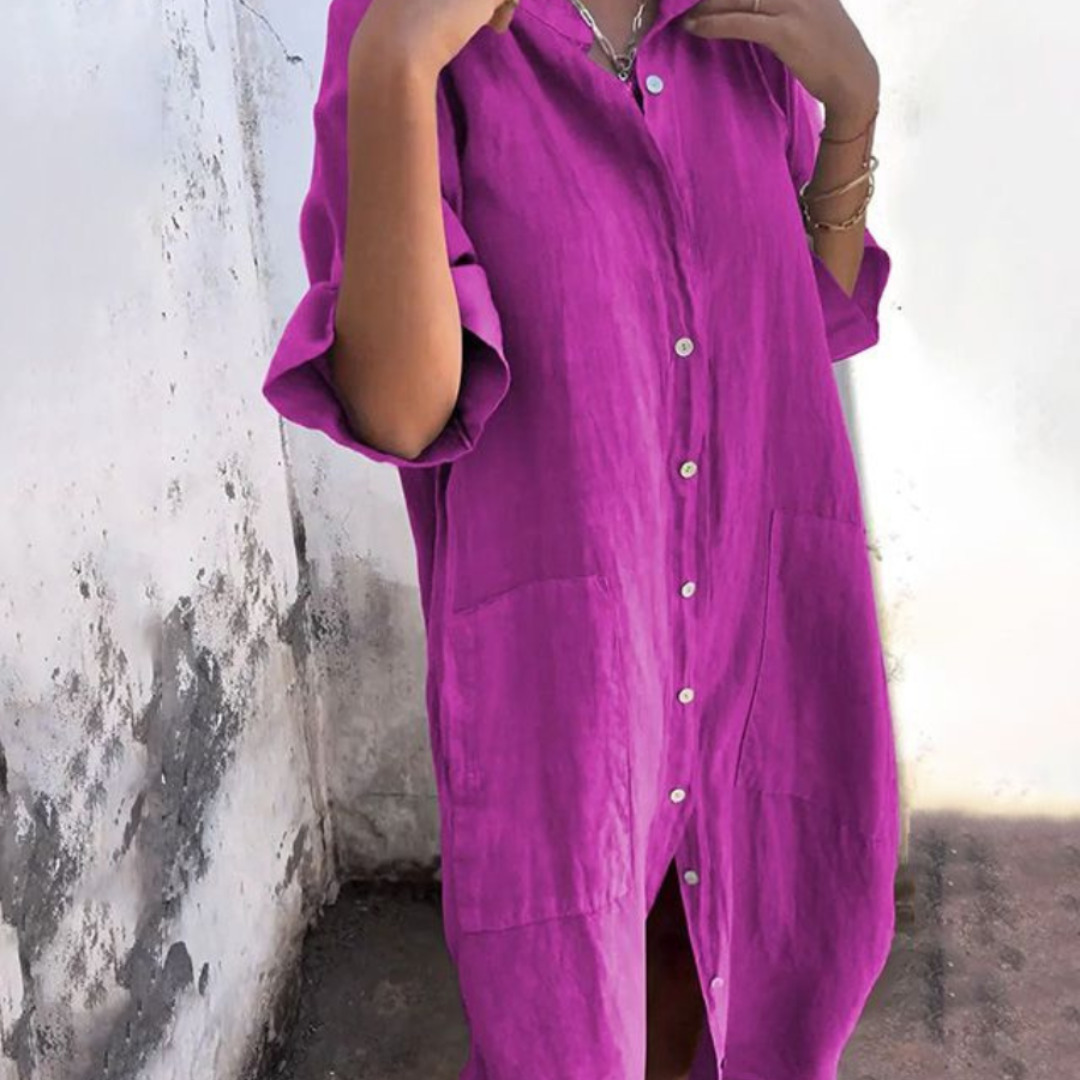 Monika | Sukienka koszulowa luźny krój, Zwijany kołnierz, Kieszenie | Letni styl | Swobodna sylwetka