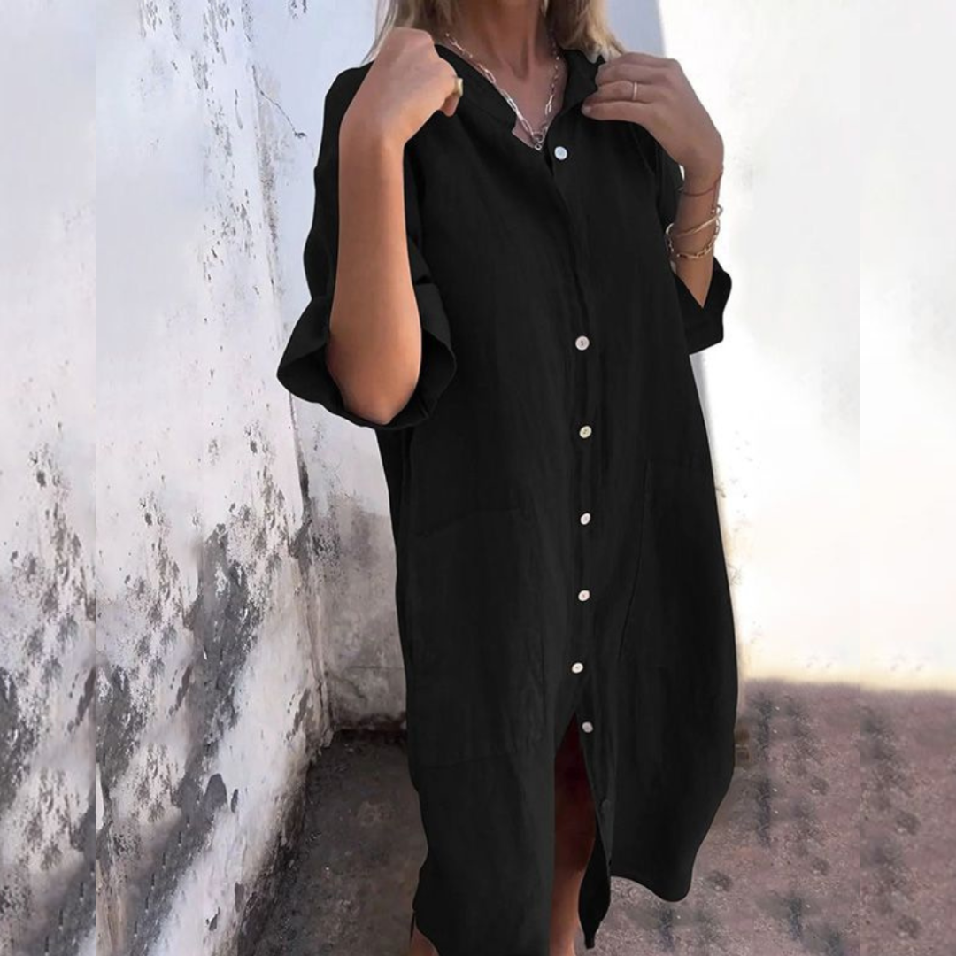Monika | Sukienka koszulowa luźny krój, Zwijany kołnierz, Kieszenie | Letni styl | Swobodna sylwetka